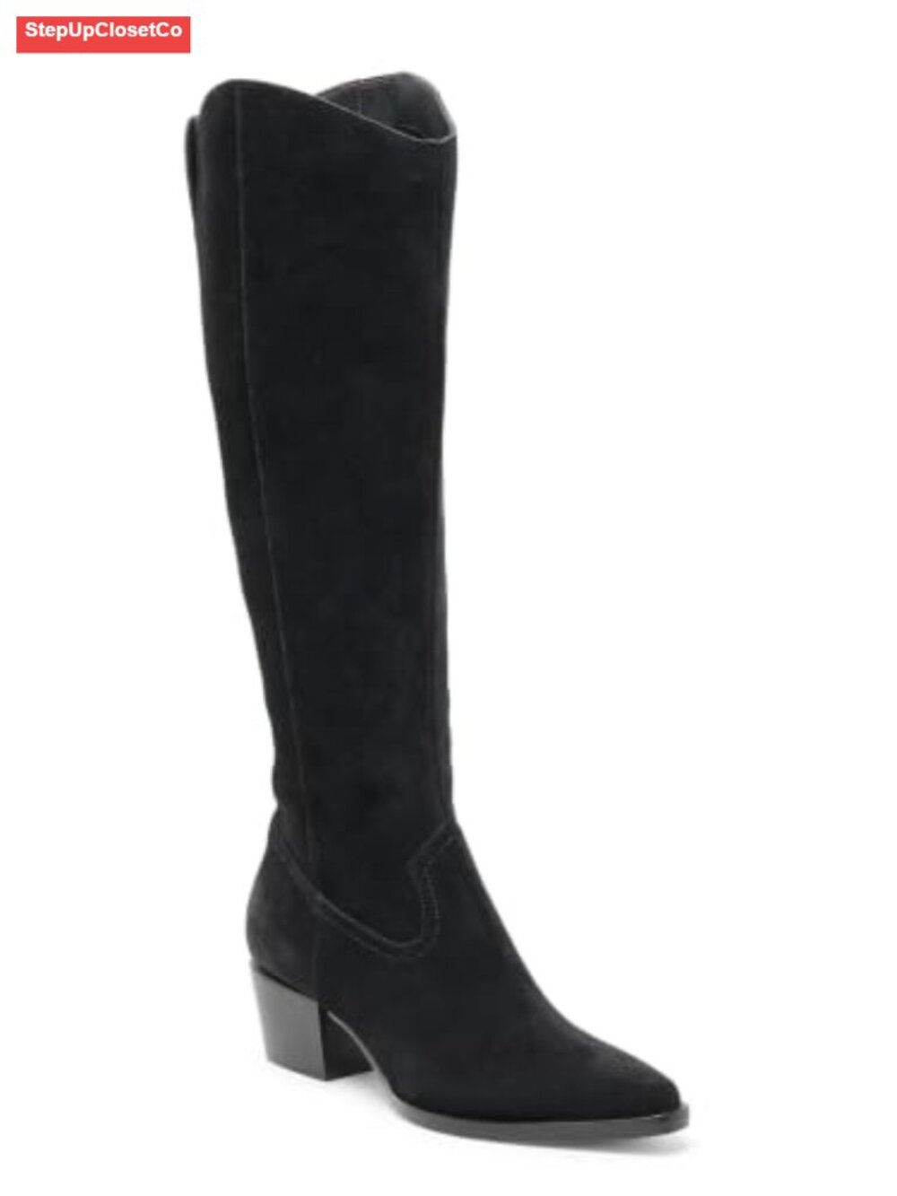 Coutgo Women's Wide Calf Knee High Chunky Heel Pointed Toe Zip Boots Faux Suede
